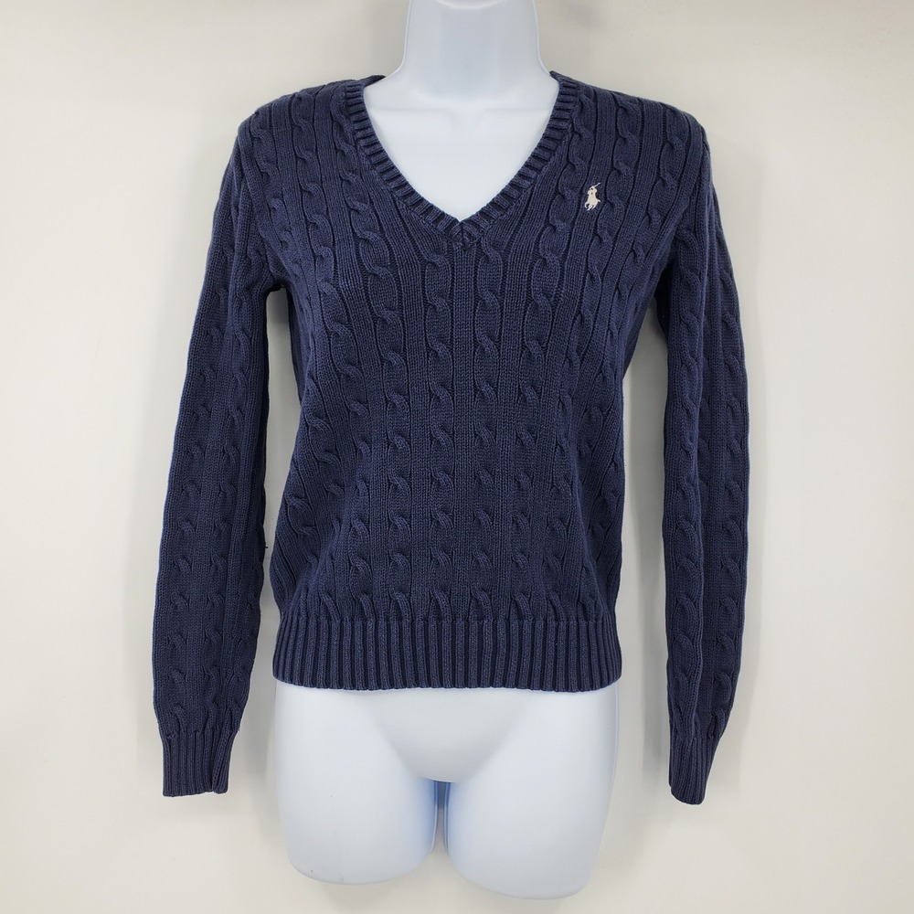 Ralph Lauren Sport Navy Cable Knit V Neck Cotton Sweater Pony Logo Y2K Preppy S